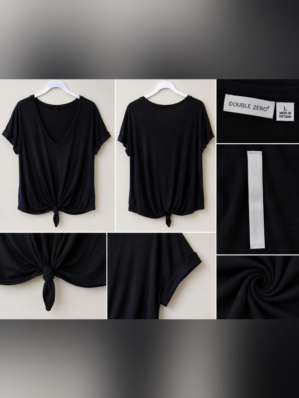 Double Zero Black V-Neck Tie-Front Short Sleeve Tee
